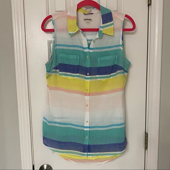 MERONA • Colorful Stripes Cotton Button Down Collared Tank Top - Picture 2 of 7